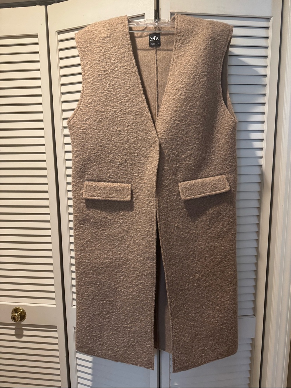 Zara Bouclé Long Sleeveless Vest in Taupe Beige